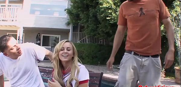  Babesalicious - Blonde Cheerleader Fucked Outside By Two Guy